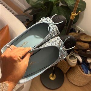 CHANEL Light Blue Tweed Flats with Black Toe